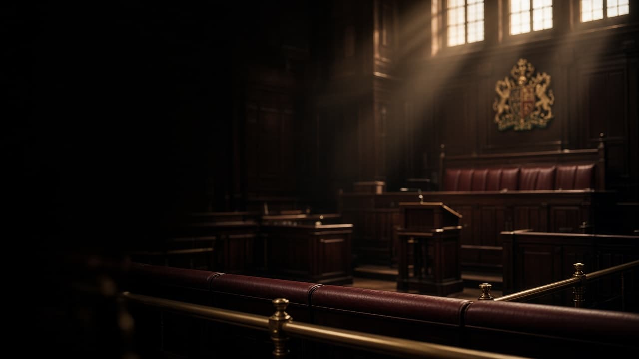 An empty Crown Court, viewed from counsel's row toward the bench