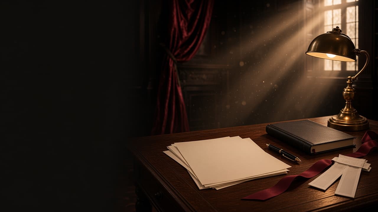 A chambers desk with briefs, fountain pen and barrister bands