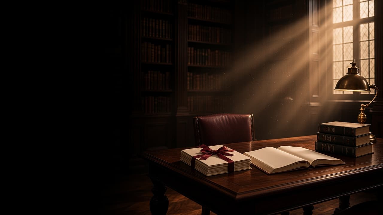 A chambers library table with briefs, law books and afternoon window light