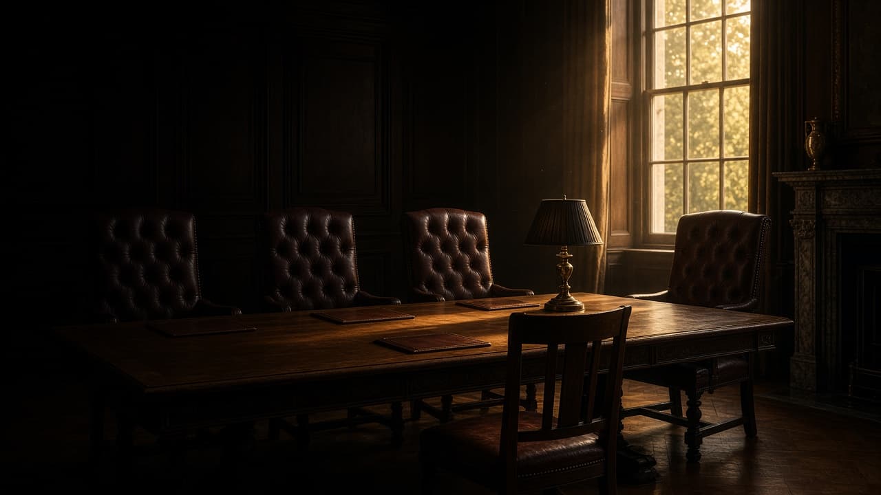 An empty chambers interview room, candidate chair facing the panel
